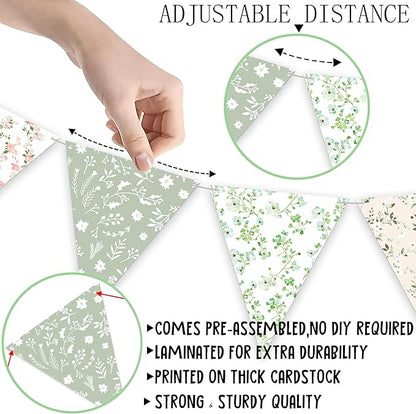 3pcs Sage Green Floral Triangle Bunting Banners Garland, Boho Wildflower Pennant Flags for Baby Shower Bridal Shower Wedding Birthday Party Garden Home Decor