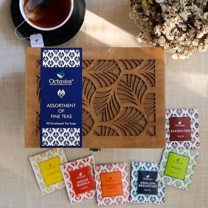 Octavius Tea Gift Set - Assorted Black & Green Tea Bags in Wooden Box, 6 Flavors, 90 Count, Premium Tea Sampler for Women & Men, Wellness Gift
