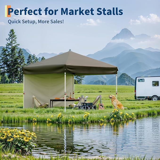 GarveeLife 10x10 Pop Up Canopy with One Sidewalls - Easy Up Camping Tent with One Button Push Setup - 1 Roller Bag, 3 Adjustable Height, 4 Weight Bags for Deck, Garden, Sports, Beach, Party - Brown