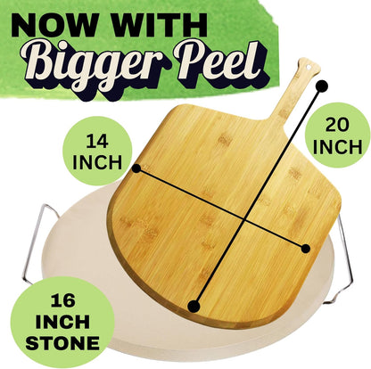 Large Pizza Stone for Oven 16 inch - Round Pizza Stone for Grill with Handles, Wood Pizza Peel and Cutter Set - Baking Stone for Bread