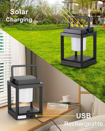 DAKAFUL Outdoor Table Lamp, Led Lamps for Nightstand, Solar Lanterns Outdoor Hanging for Patio Waterproof, Cordless Battery Operated Lamp, Rechargeable Solar Lantern for Reading, Decor, Camping