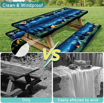 Camping Picnic Table Cover with Bench Covers, Camping Essentials, Forest Campfire Tent Flowers Outdoor Table Covers, Waterproof Windproof, Fitted Tablecloth Cover with Elastic Edge, 3 PCS, 30x60 Inch