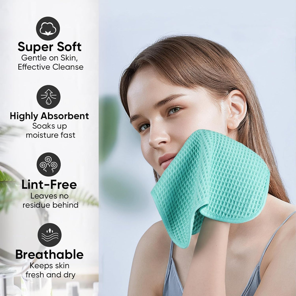 Microfiber Waffle Face Towels, 2 Pieces, Soft, Absorbent, Fast Drying, Lint Free (Turquoise)