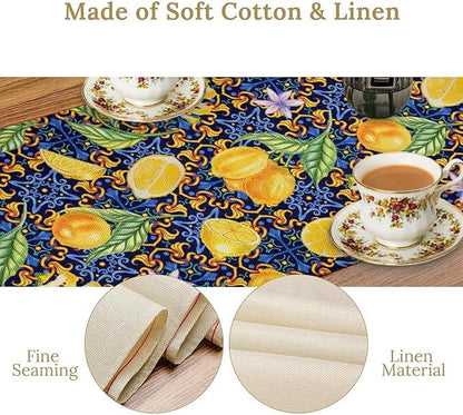 Yellow Lemon Table Runner Vintage Retro Summer Fruit Blue White Floral Printed Dining Table Decoration for Home Holiday Party Dresser Kitchen Cabin Restaurant Wedding Decor 13×70in