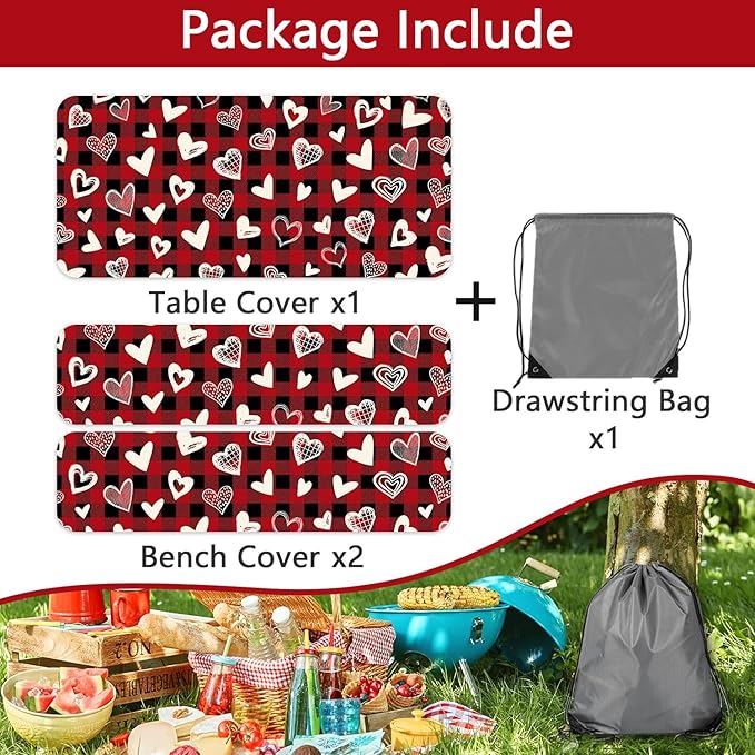 Valentines Day Picnic Table Cover with Bench Covers, Camping Essentials, Heart Buffalo Plaid Outdoor Table Covers, Waterproof Windproof, Fitted Tablecloth Cover with Elastic Edge, 3 PCS, 30x60 Inch