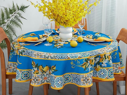 YiHomer Provence Blue Lemon Mediterranean Tile Tabletop for Spring Summer Decorations, Picnics and Dinner Parties - Indoor Outdoor, Stain and Water Resistant, Tablecloth, 70" Round