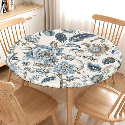 Vintage Floral Round Fitted Tablecloth with Elastic Blue Brown Chinoiserie Flower Circle Table Cloth for 40-44" Round Tables Wipeable Waterproof Elegant Rustic Table Cover for Dining Patio Picnic
