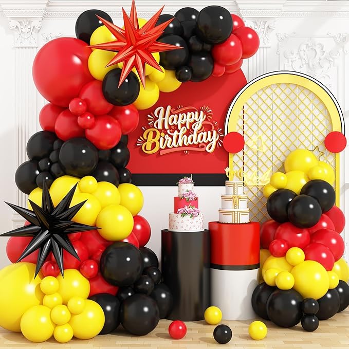 Red Black Yellow Balloon Arch Kit with Star Foil Balloons, Black and Red Yellow Balloon Arch, for Boy Girls Theme Birthday Baby Shower Party Decorations