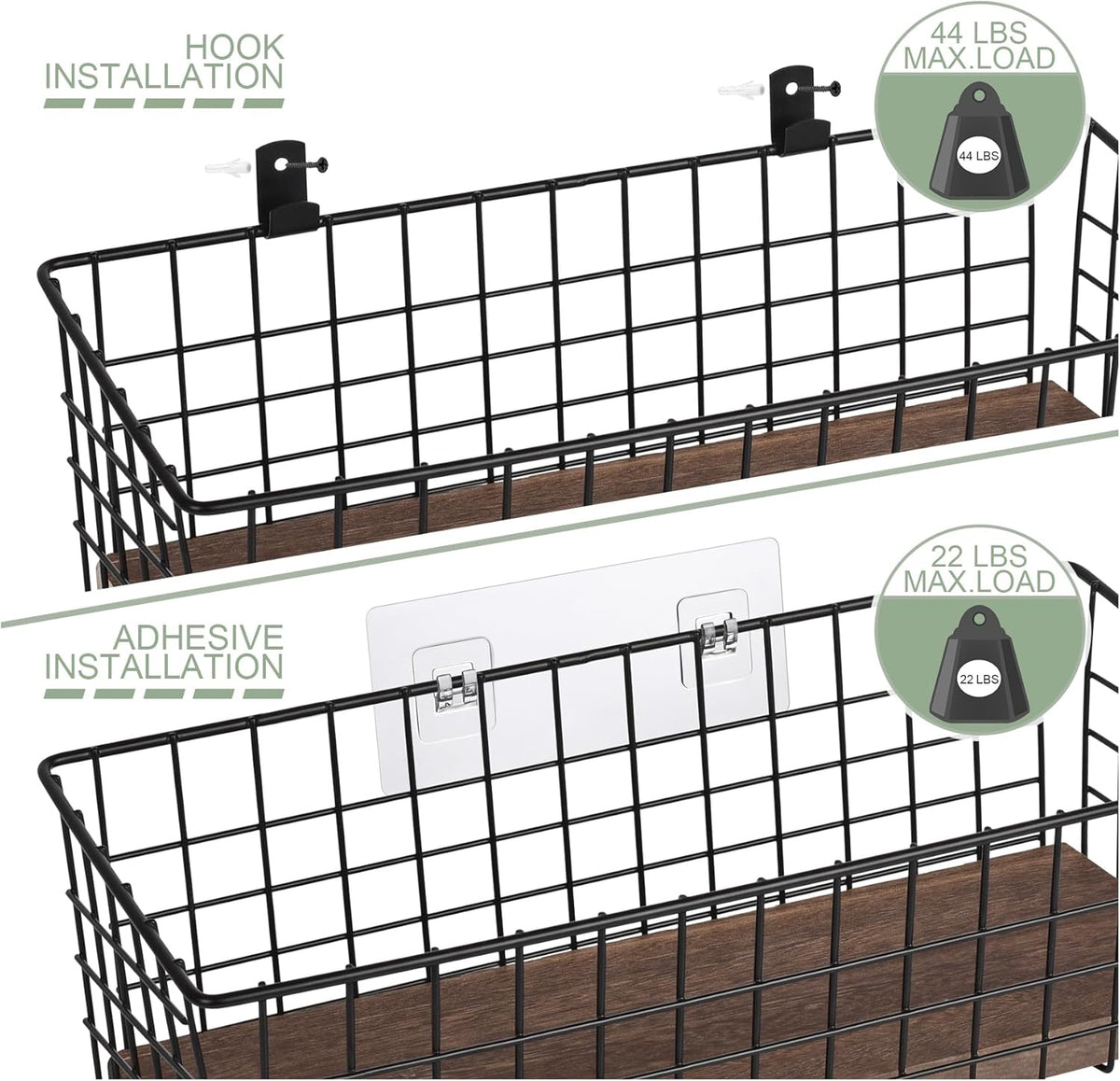 Wall Hanging Baskets 3 Pack, Extra Large Diversified Wire Basket Shelves of Wooden Style, with Wall Mounted Hooks & Traceless Stickers