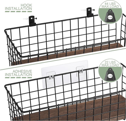 Wall Hanging Baskets 3 Pack, Extra Large Diversified Wire Basket Shelves of Wooden Style, with Wall Mounted Hooks & Traceless Stickers