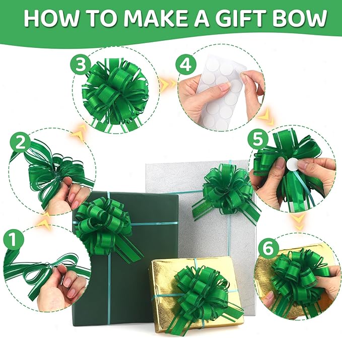 24pcs Green Pull Bow for Gift Basket Wrapping Xmas Gift Bows Adhesive Presents Wrap Ribbon Bow for Christmas Tree Ornament Wine Bottles Bouquet Flower Valentine's Day Party Decor (Green-G)