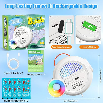 Bubble Machine for Kids Toddlers, Automatic Bubble Blower with RGB Light, 4000+ Bubbles/Min Bubble Maker with 10 Refill Packs, Easter Christmas Birthday Party Gifts for 3 4 5 6 7 8 Year Old Boy Girl