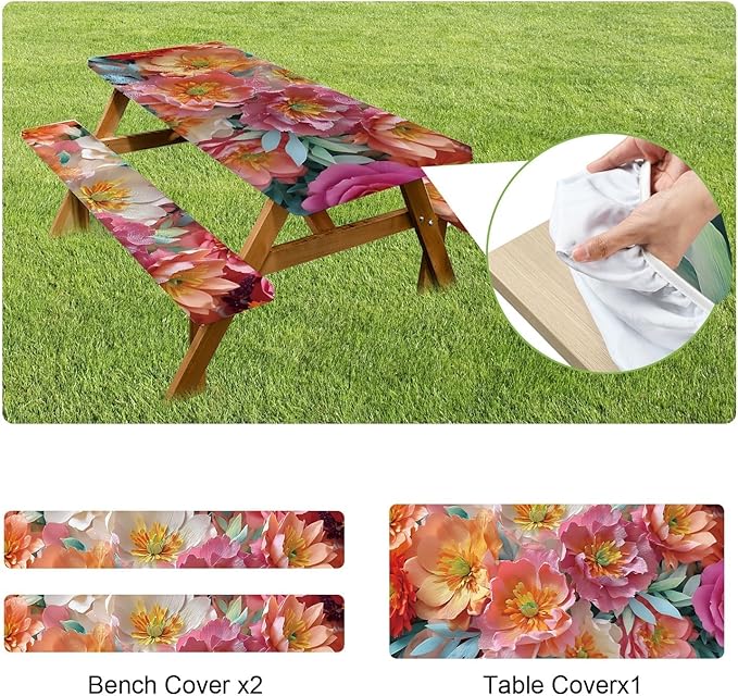 ANNA QUEEN 6FT Red Flowers Spring Picnic Table Cover with Bench Covers Picnic Table Cover Set 3PCS 72"x30", Outdoor Bench and Tablecloth Furniture Protection