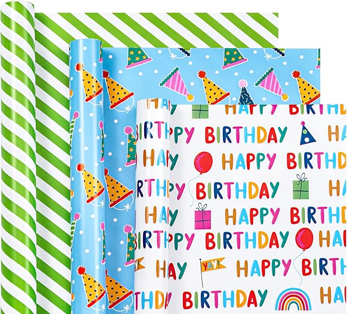 WRAPAHOLIC Mini Birthday Wrapping Paper Rolls - 3 Rolls, 17 Inch X 120 Inch Each - Happy Birthday Lettering and Stripe for Kids, Baby Shower