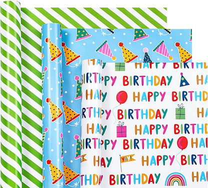 WRAPAHOLIC Mini Birthday Wrapping Paper Rolls - 3 Rolls, 17 Inch X 120 Inch Each - Happy Birthday Lettering and Stripe for Kids, Baby Shower