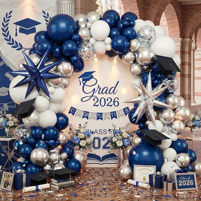 Tesochye 152 pcs Blue White Silver Balloon Garland Arch Kit,Navy Blue Silver Confetti Balloons with Exploding Star Balloons for Graduation Class of 2026 Birthday Wedding Retirement Party Decorations