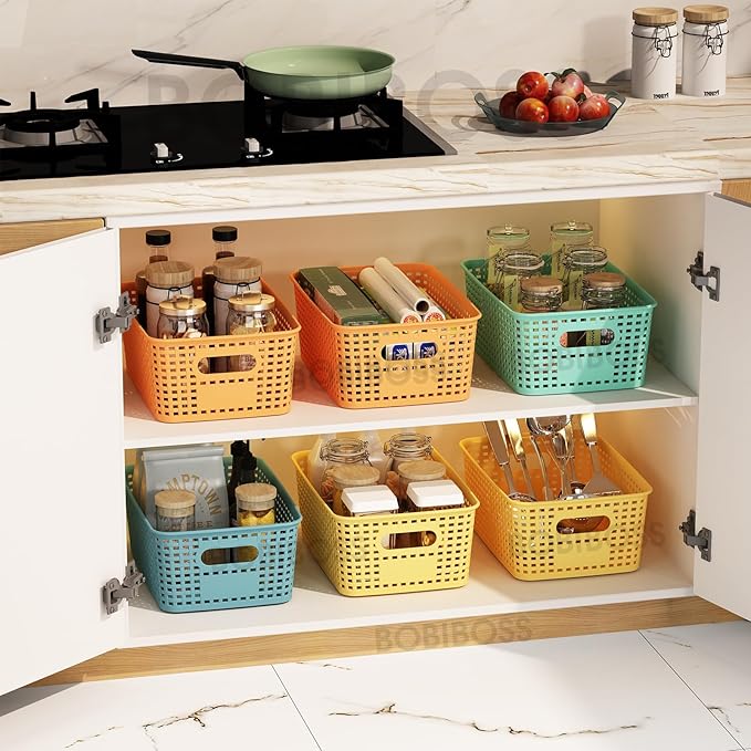 Colorful Plastic Storage Baskets with Lids 12 Pack Stackable Storage Bins Containers for Shelves Organizing, Colored Cute Decorative Storage Boxes for Classroom, Playroom, Closet, Pantry