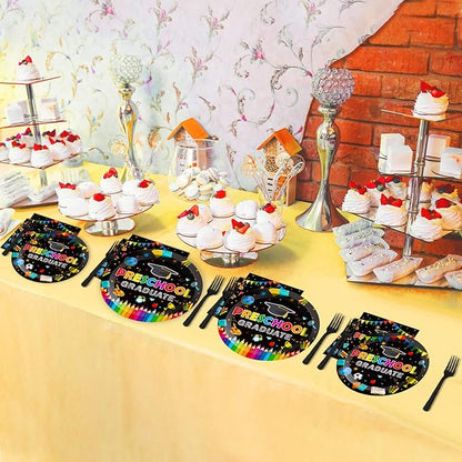 Preschool Graduation Party Supplies Pre-K Grad Tableware Set Kindergarten Graduation Plate Napkin Kindergarten Disposable Paper Dinnerware Kit for Graduate Party decoration Favor 24 Guest (Black)