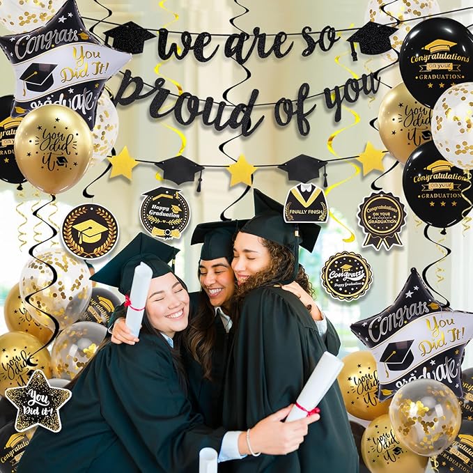 Graduation Decorations Class of 2026, Black and Gold Graduation Balloons with Hanging Swirl, We are So Proud of You Banner, Congrats Grad Garland Party Supplies
