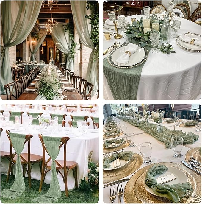 Sioloc 5 Pack Sage Green Cheesecloth Table Runner 120'' x 35'',Spring Easter Decor Soft Gauze Boho Wedding Table Decor for 10ft Table Birthday Party,Baby Shower, Bridal Shower, Home & Event Decor