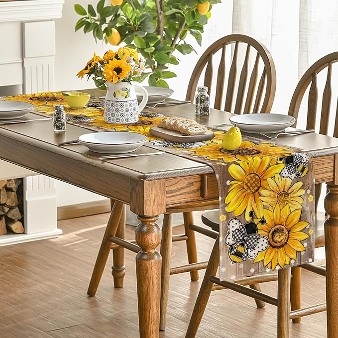 Artoid Mode Wood Sunflower Bee Flower Polka Dot Summer Table Runner, Seasonal Kitchen Dining Table Decoration for Home Party Decor 13x60 Inch