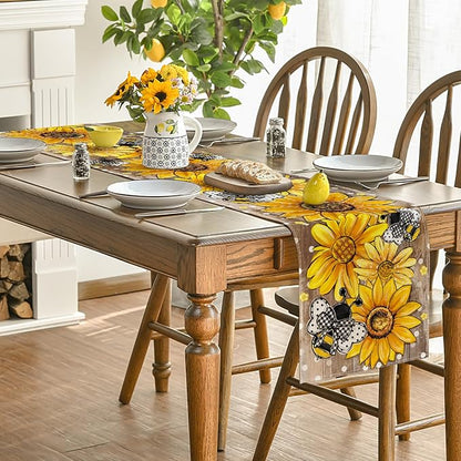 Artoid Mode Wood Sunflower Bee Flower Polka Dot Summer Table Runner, Seasonal Kitchen Dining Table Decoration for Home Party Decor 13x60 Inch