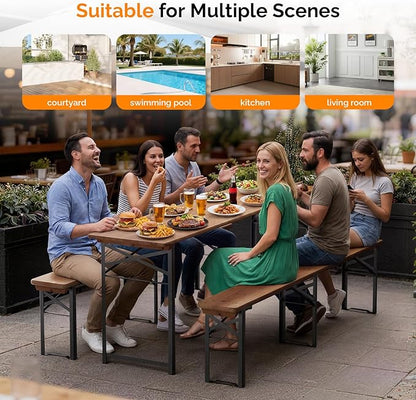 VINGLI 70 Inch Folding Picnic Tables with Benches Set, Weather-Resistant Wooden Beer Garden Table Bench, 3-Piece Portable Fold Up Camping BBQ Table,Walnut Color