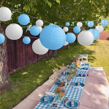 KNONEW 10 Pack White Outdoor Silk Lanterns Decorative, 10inch Waterprooof Outside Indoor Chinese Hanging Round Lanterns for Weddings, Birthdays, Parties Decoration (Blue and White)