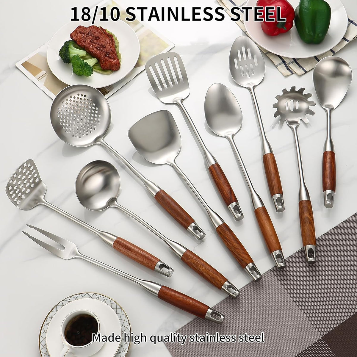 Stainless Steel Kitchen Utensils Set with Wood Handle, 18/10 Metal Cooking Utensils Set, 10-Piece - Spatula, Spoon, Ladle, Skimmer, Slotted Turners, Pasta Server, Fork, Masher(Dishwasher Safe)