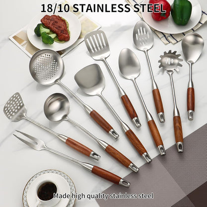 Stainless Steel Kitchen Utensils Set with Wood Handle, 18/10 Metal Cooking Utensils Set, 10-Piece - Spatula, Spoon, Ladle, Skimmer, Slotted Turners, Pasta Server, Fork, Masher(Dishwasher Safe)