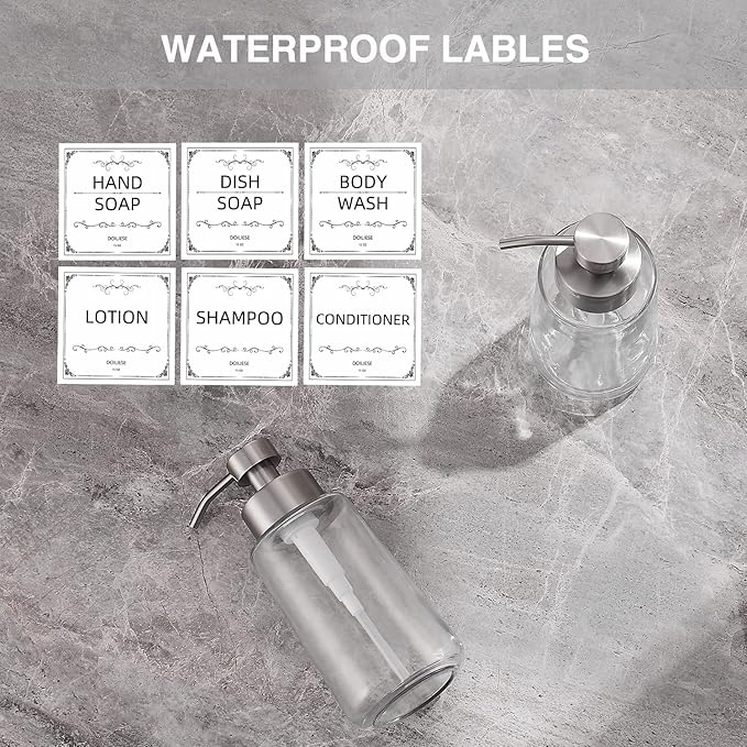 Soap Dispenser, Glass Hand Soap Dispenser with Rust Proof Pump, 16oz Liquid Soap Container with Waterproof Labels, Dish & Hand Soap Pump for Bathroom, Kitchen, Brushed Nickel, Pack of 2