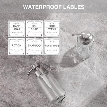 Soap Dispenser, Glass Hand Soap Dispenser with Rust Proof Pump, 16oz Liquid Soap Container with Waterproof Labels, Dish & Hand Soap Pump for Bathroom, Kitchen, Brushed Nickel, Pack of 2