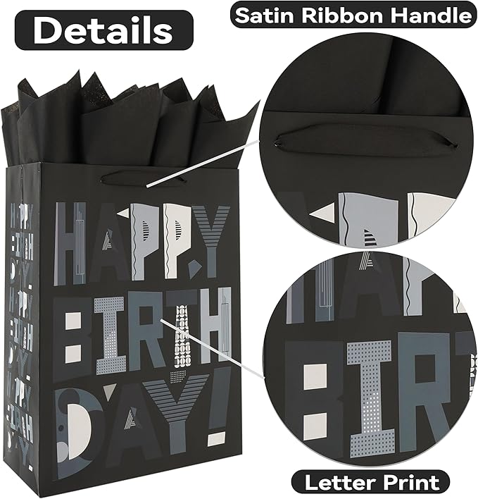 wishinside 16.5” Extra Large Black Happy Birthday Gift Bag Set with Handles, Greeting Card, Tissue Papers and Stickers for Men Boys Kids Teens, Cartoon Design, 1 Pcs