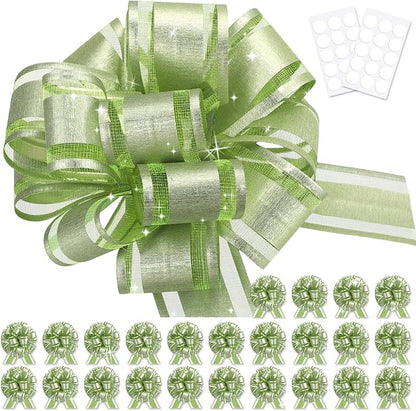 24pcs Light Green Pull Bow for Gift Basket Wrapping Xmas Gift Bows Presents Adhesive Wrap Ribbon Bow for Christmas Tree Bottles Bouquet Flower Valentine's Day Party Decor (Light Green-G)