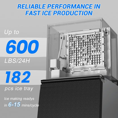 Commercial Ice Maker Machine 650LBS/24H with 350LBS Ice Storage Bin – 182 Cubes per Cycle in 6-15 Mins, Stainless Steel Industrial Ice Machine for Restaurants, Bars, Cafes & Business Use