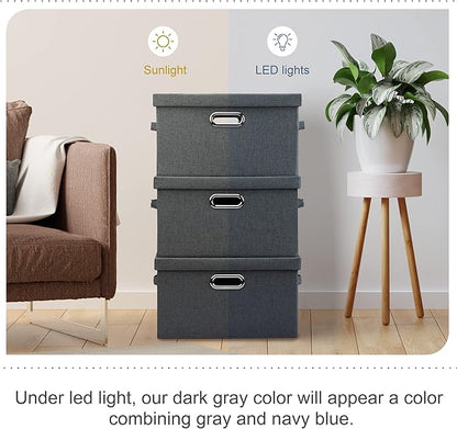 Graciadeco Medium 15" 21 Quart Collapsible Stackable Storage Bins with Lids, 3 Packs Dark Grey Foldable Fabric Closet Boxes Heavy-duty Linen Cube Baskets Container for Bedroom Office (15 x 11 x 8)