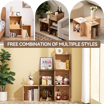 KIRIGEN Stackable Wood Storage Cube Organizer with Handle, Modular Open Cubby Bins for Books, Clothes, Toys, Shoes, Bookcase Shelf for Home Office Bedroom Brown C15-DBR
