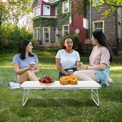 Moosinily Small Camping Table 35.2 inch Folding Picnic Table Foldable Low Camp Table Portable Short Aluminum Outdoor Floor Short Beach BBQ White 35.2×15.7 inch