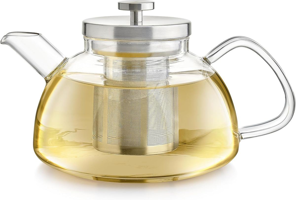 Teabloom Balance Borosilicate Glass Tea Kettle & Teapot – Stovetop-Safe, 40oz – Deep Loose Tea Infuser for Hot & Iced Tea