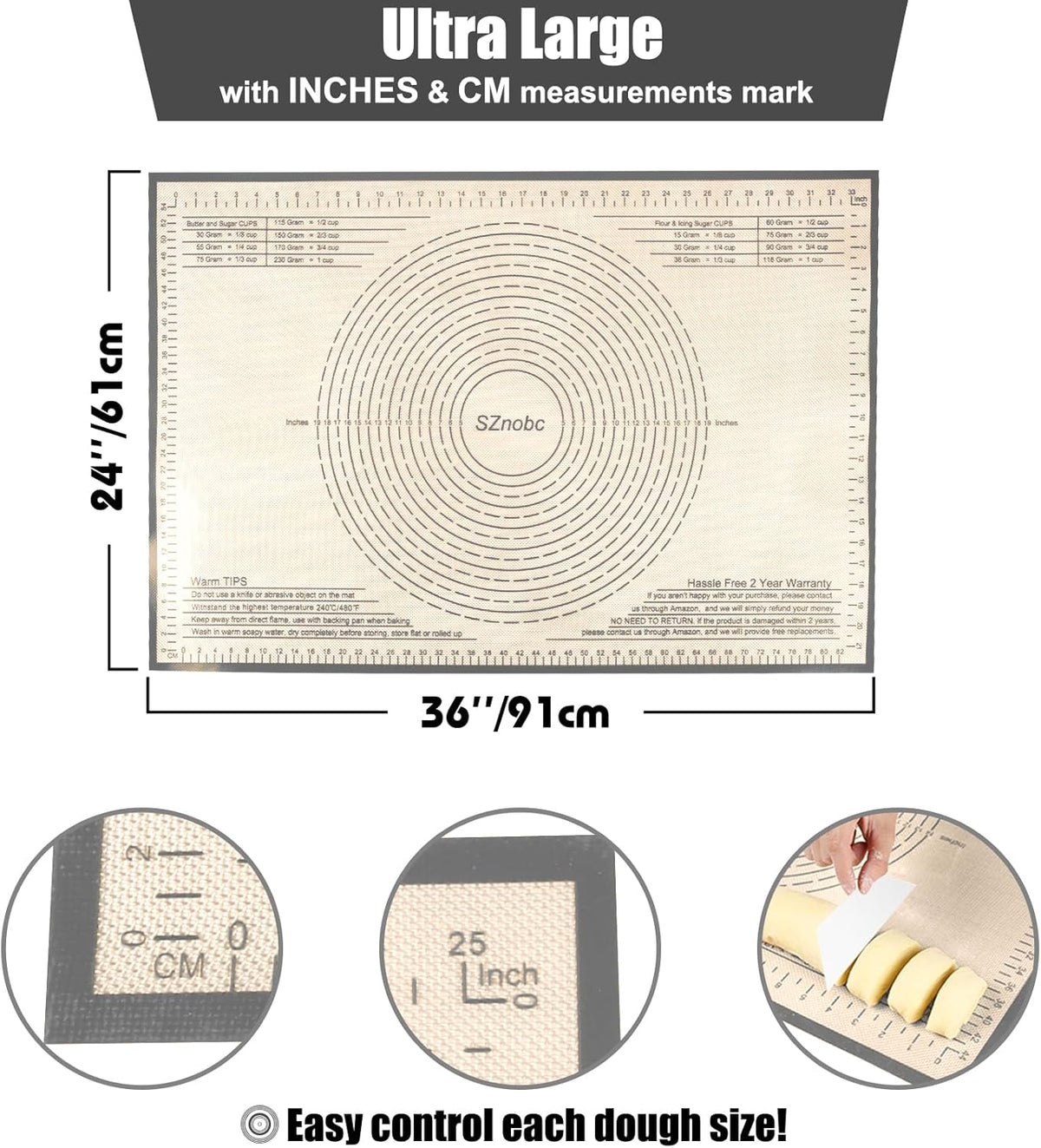 Silicone Baking Mat 36x24 Inch Nonstick Pastry Mat Perfect for Dough Mat, Pastry Board, Kitchen Counter Mat - For Dough, Pastry, Pie Crust, Fondant