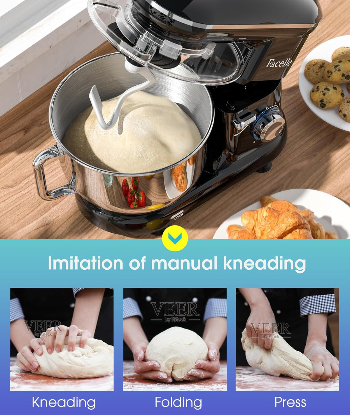 Facelle Stand Mixer, 660W 6 Speed Electric Kitchen Mixer with Pulse Button, Attachments include 6.5QT Bowl, Dishwasher Safe Beater,Dough Hook