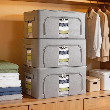 Amiya Clothes Storage Bins with Metal Frame,3-Pack Foldable Linen Fabric Storage Box with Lids, Stackable Organization and Storage Bins with Clear Window,Zippers,Handles(Grey,24L)