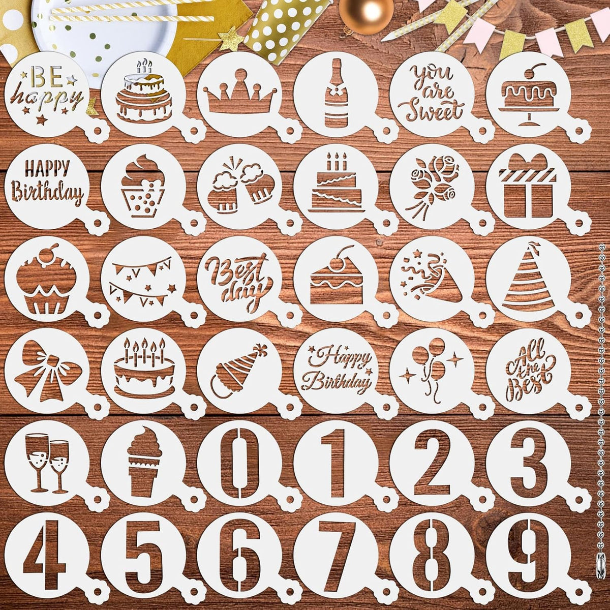 Julbear Birthday Cookie Stencils, 36 Pieces Reusable Coffee Decoration Stencils Templates Tools for Cookies Baking Painting Dessert Decoration DIY