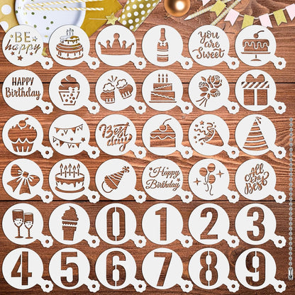Julbear Birthday Cookie Stencils, 36 Pieces Reusable Coffee Decoration Stencils Templates Tools for Cookies Baking Painting Dessert Decoration DIY