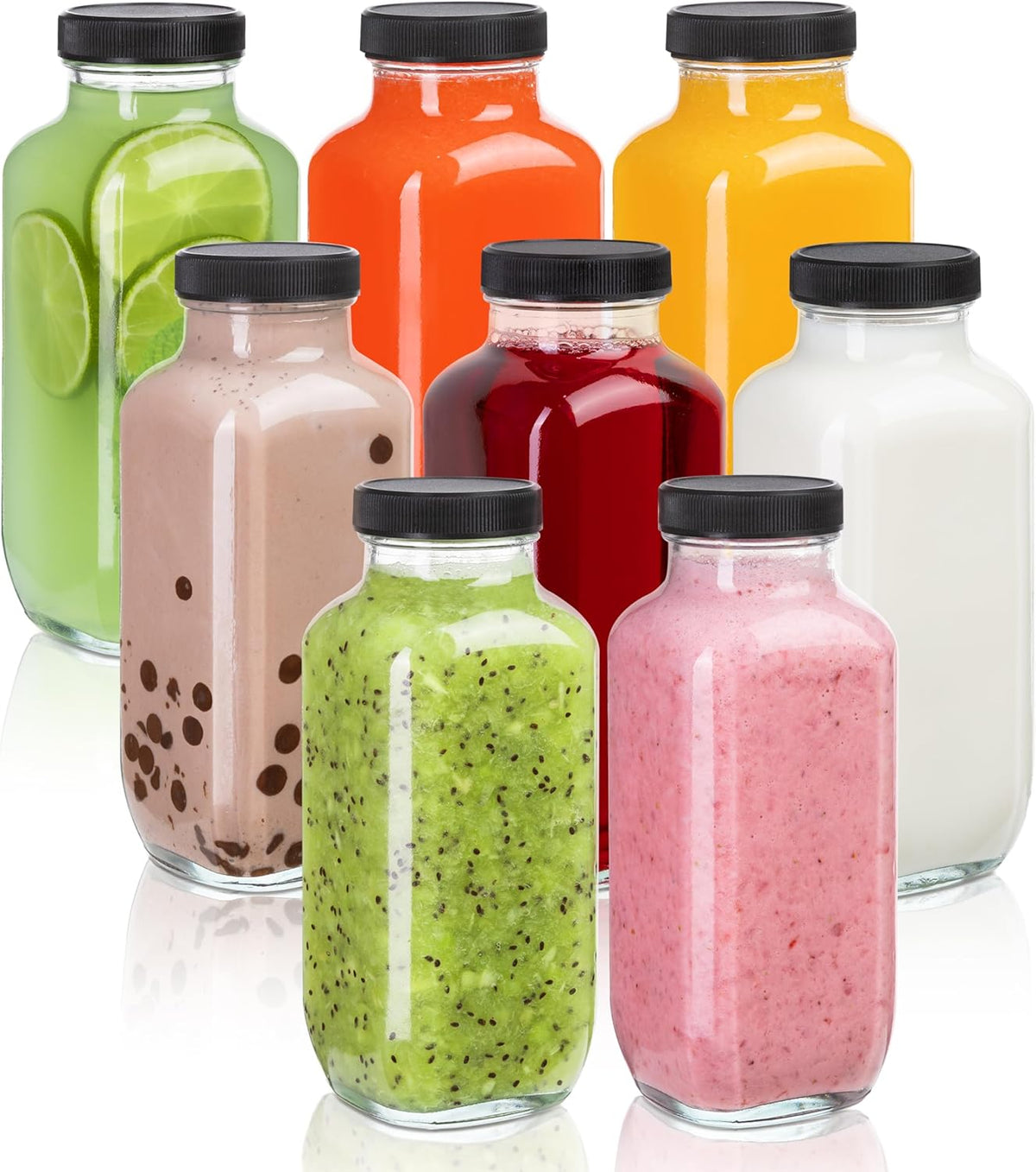 Juice Bottles with Lids, 16 Oz - Set of 8 - Clear Glass Jars with Caps - Reusable Empty Drink Containers for Juicing, Smoothies, Water, Milk