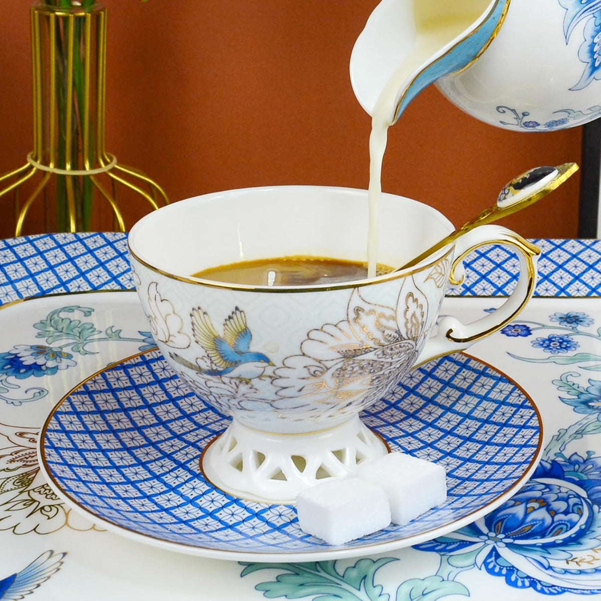 Acmlife Bone China Tea Cup and Saucer Set for 1, Vintage Floral Tea Cup with Saucer, Spoon and Gift Box, 6.8 oz (Blue B)