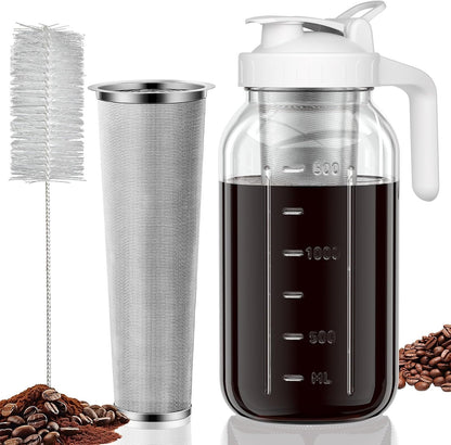 Cold Brew Coffee Maker Jar - 64oz Thick Glass Multipurpose Mason Pitcher Spout Lid with Handle & Stainless Steel Filter for Iced Coffee, Lemonade