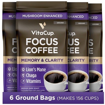 VitaCup Focus Mushroom Coffee Grounds, with Lions Mane, Chaga, B Vitamins, D3, Boost Focus, Immunity, Memory & Clarity, Medium Dark Roast, Bold & Smooth 100% Arabica Specialty, 6 bags, 10oz each