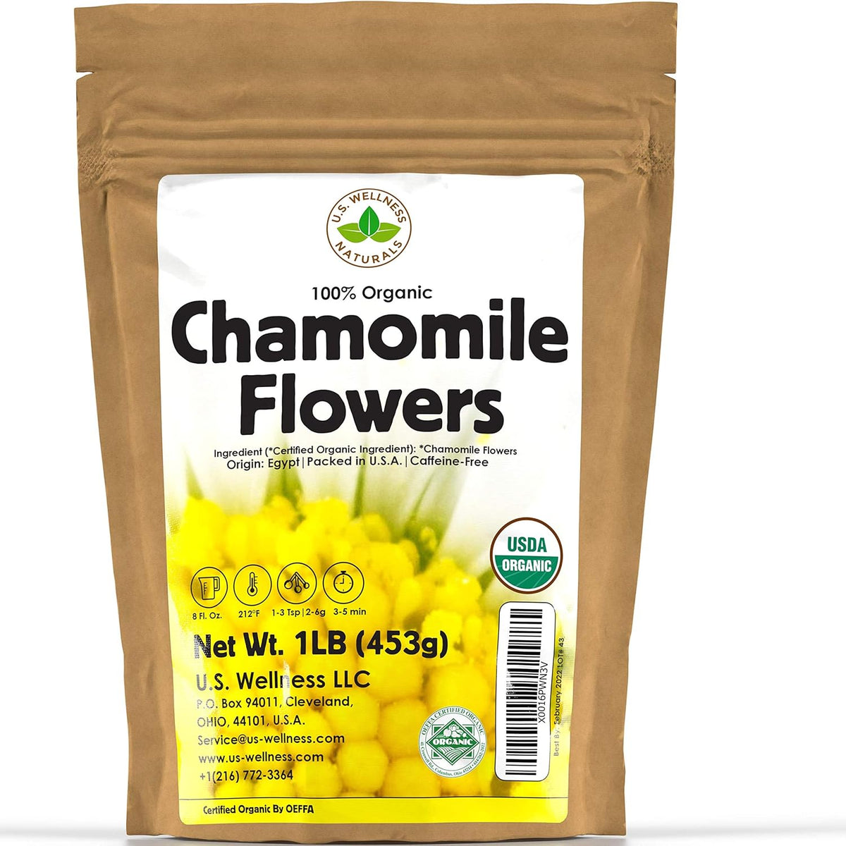 Chamomile Tea 1LB (16Oz) 100% Certified Organic (USDA seal) Chamomile Flowers Herbal Tea (Matricaria Chamomilla) in 1 lb Bulk Kraft BPA free