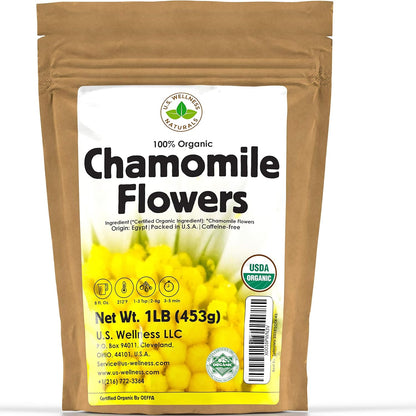 Chamomile Tea 1LB (16Oz) 100% Certified Organic (USDA seal) Chamomile Flowers Herbal Tea (Matricaria Chamomilla) in 1 lb Bulk Kraft BPA free